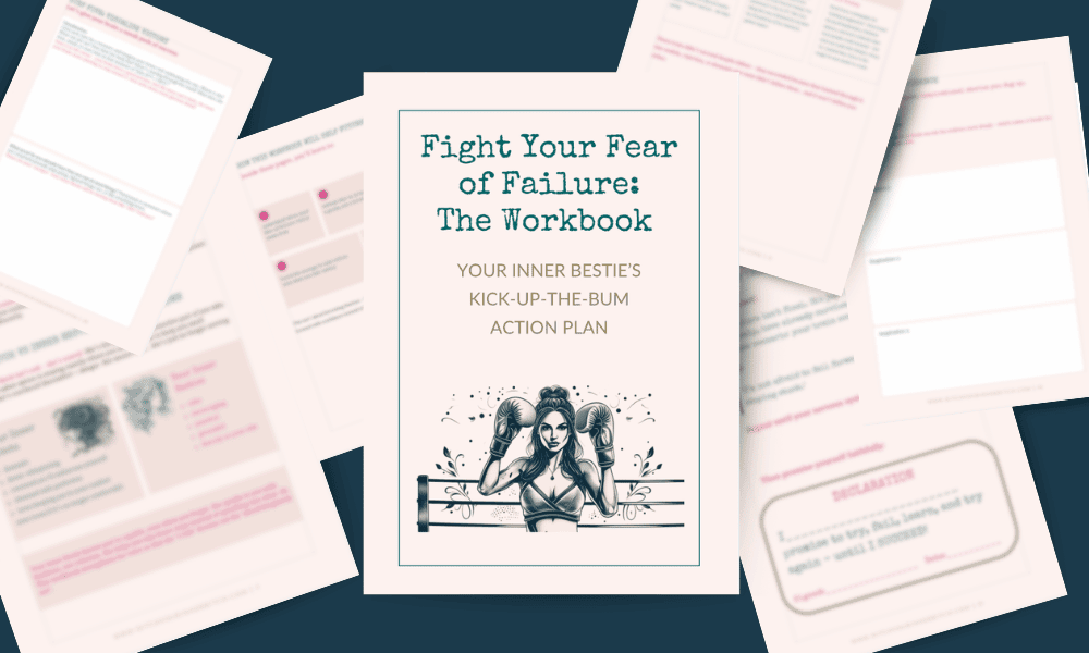 Illustration of the cover of the Fight Your Fear of Failure Workbook and images of pages from the workbook