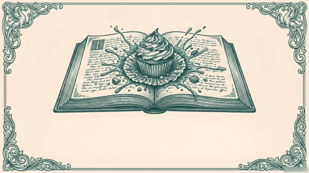 Illustration of a cupcake on an open book, representing Bridgetty JoJo’s Diary and learning from mistakes